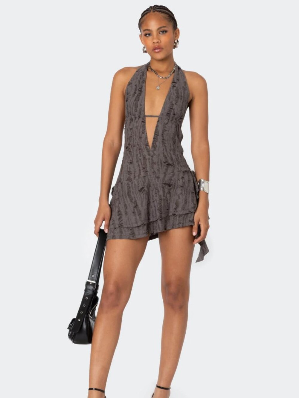 NWT Edikted Shredded Backless Halter Mini Dress Brown Size S